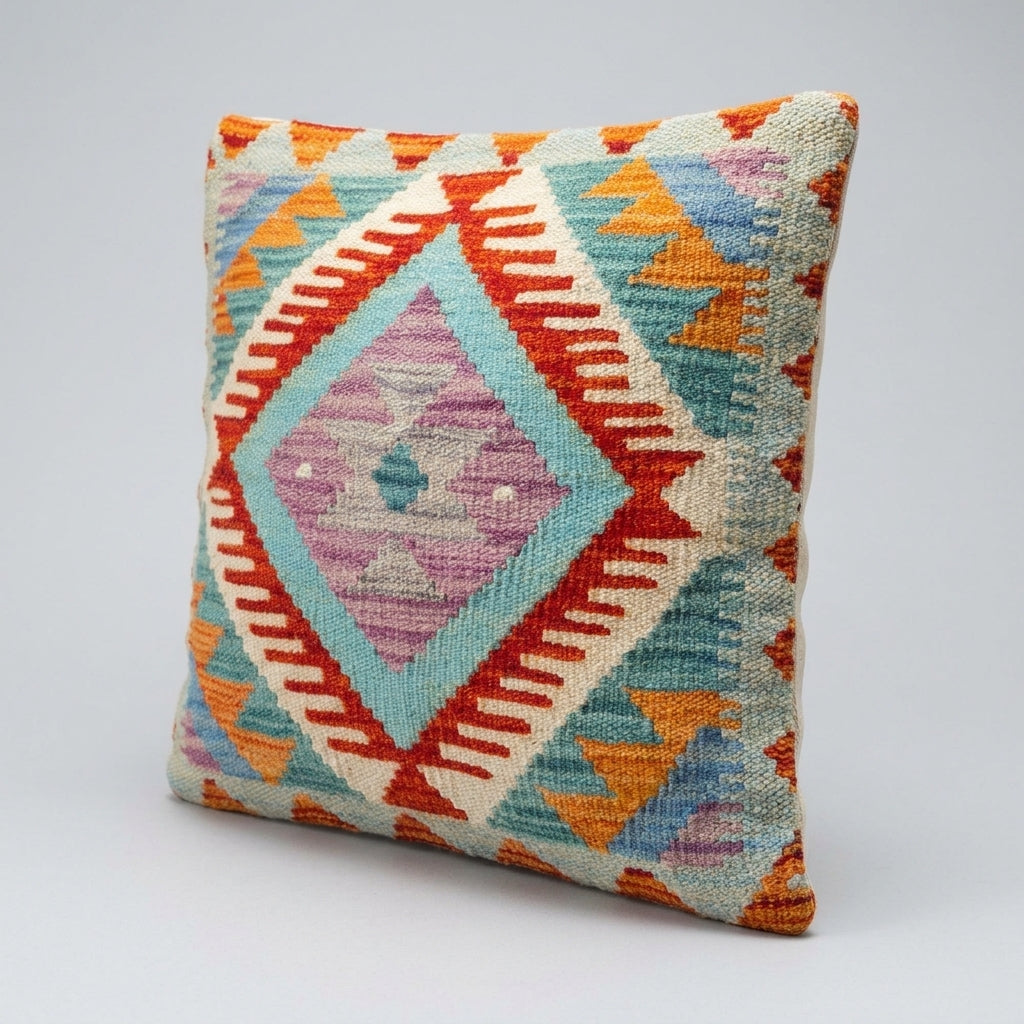Colorful eastofhere Kilim cushion with intricate geometric patterns and vibrant woven fabric, perfect for bohemian home decor.
