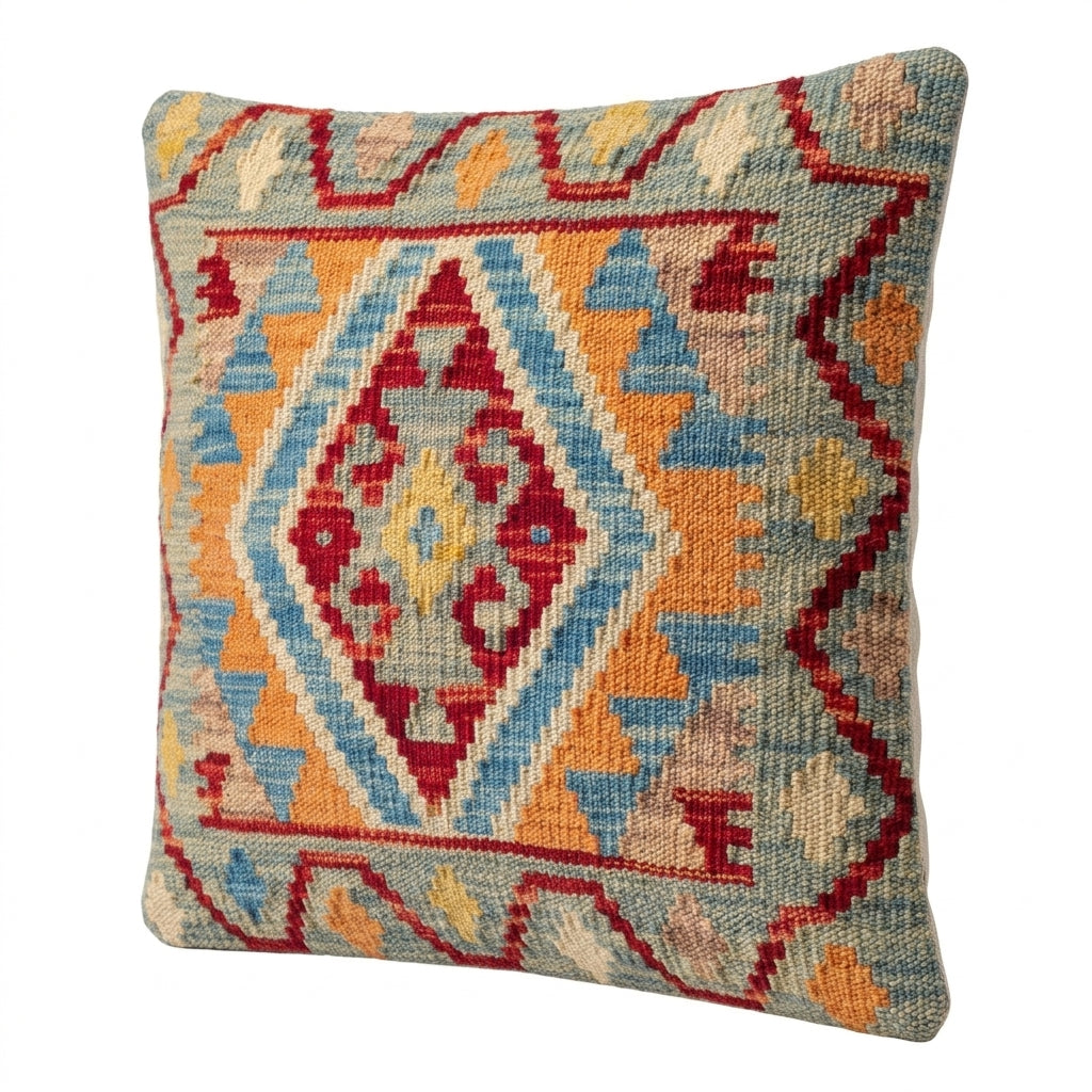Colorful Kilim cushion by eastofhere with intricate geometric patterns, showcasing vibrant woven fabric and textured details.