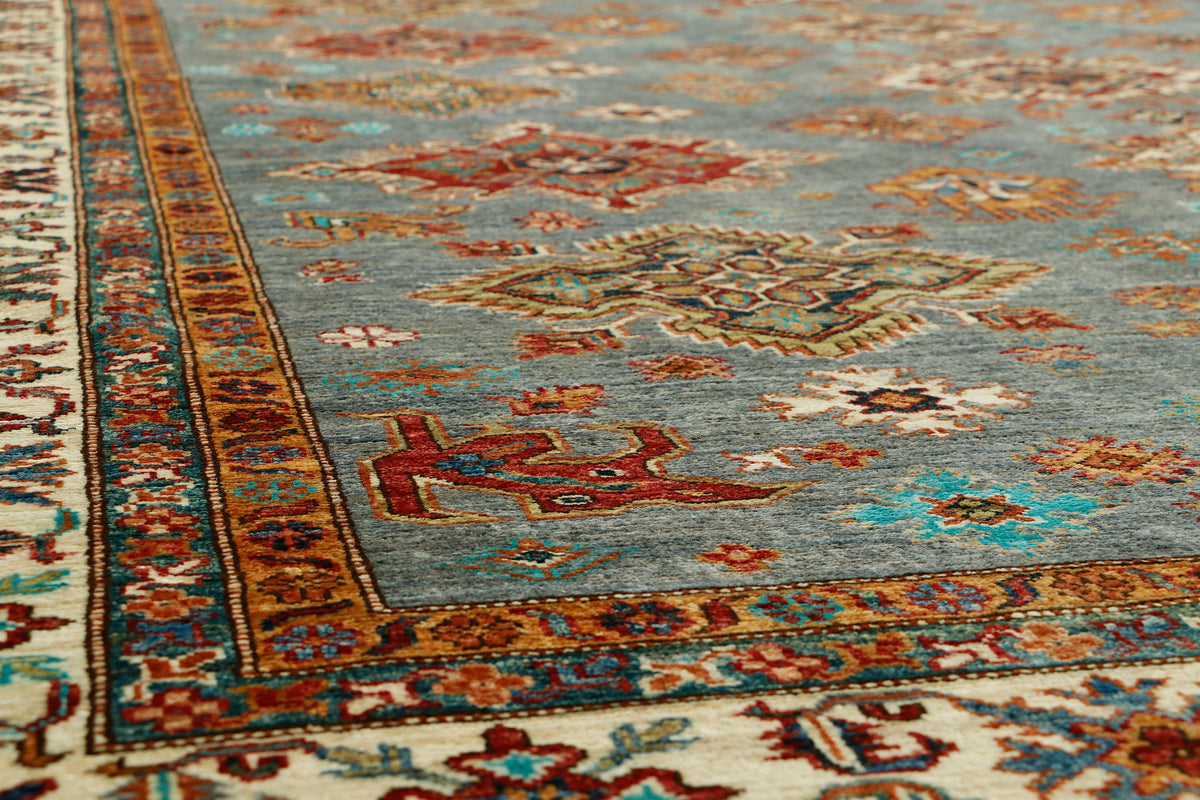 Afghan Kazak rug in vibrant geometric patterns, large size 303x247cm, crafted by eastofhere with traditional wool weave.