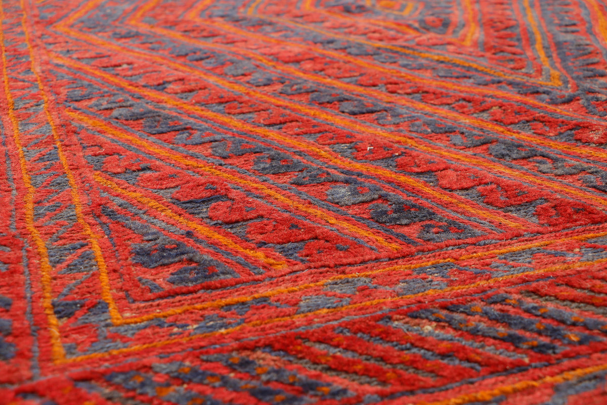 Afghan Meshwani rug by eastofhere, 183x147cm with intricate geometric patterns and vibrant colors in woven textile.