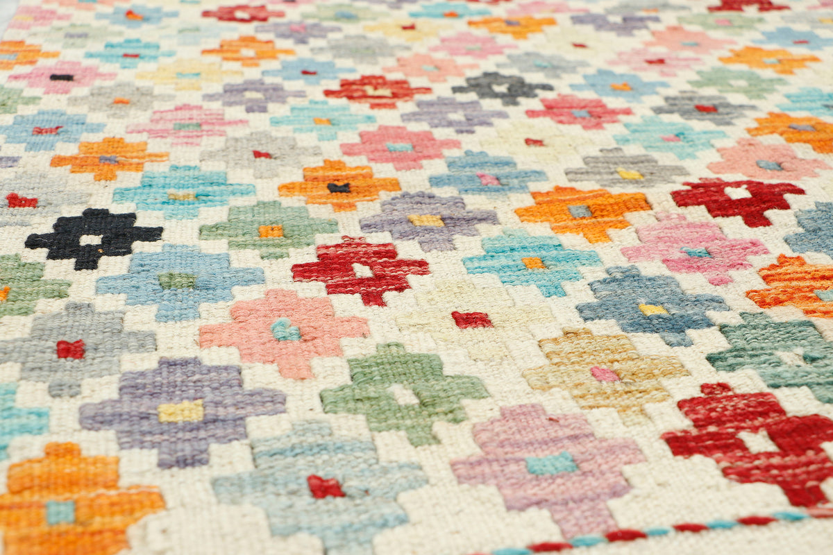 Afghan Kilim rug by eastofhere, 118x75cm, featuring colorful geometric patterns, woven textile decorative rug for home.
