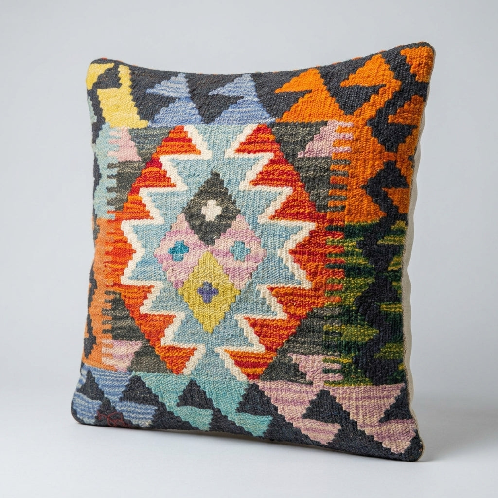 Kilim cushion by eastofhere featuring vibrant woven geometric patterns on a soft fabric surface.
