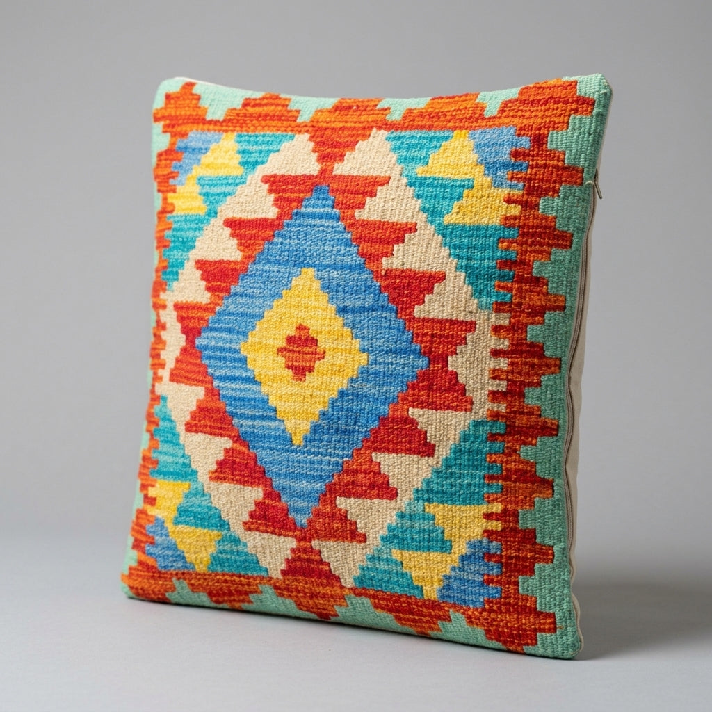 Colorful kilim cushion by eastofhere featuring traditional woven patterns and vibrant geometric designs.
