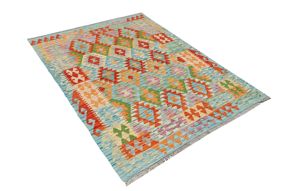 Afghan Kilim rug by eastofhere with geometric patterns in vibrant colors, measuring 198 x 153cm, flat-woven textile for home decor.