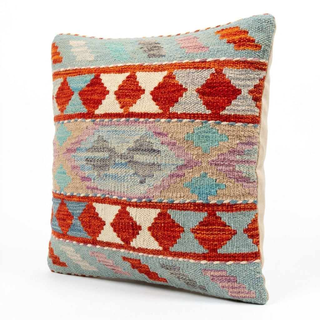Colorful kilim cushion by eastofhere featuring intricate woven patterns and vibrant textures for boho home decor.
