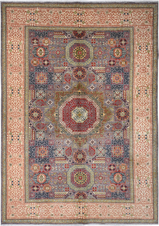 Decorative rug with intricate patterns and colors on a beige background