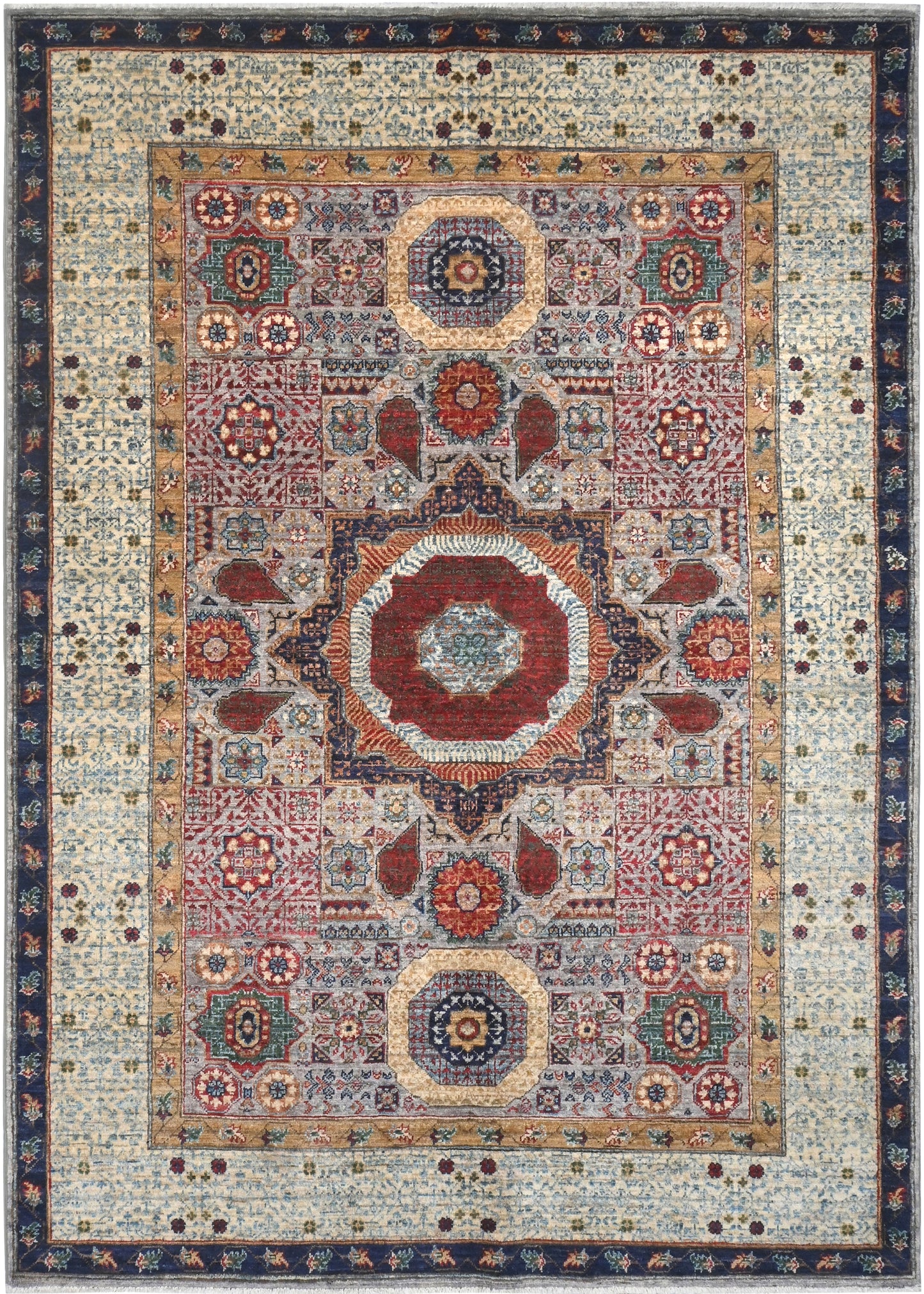 Decorative area rug with intricate patterns and colors on a beige background