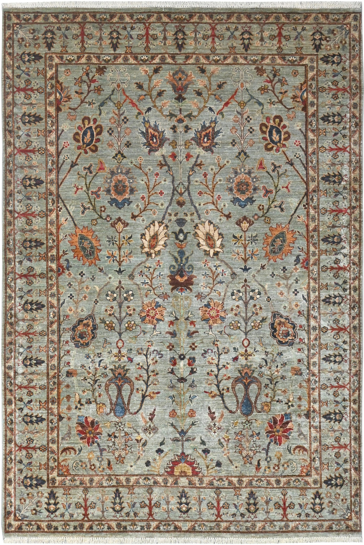 Decorative rug with floral patterns on a light blue background