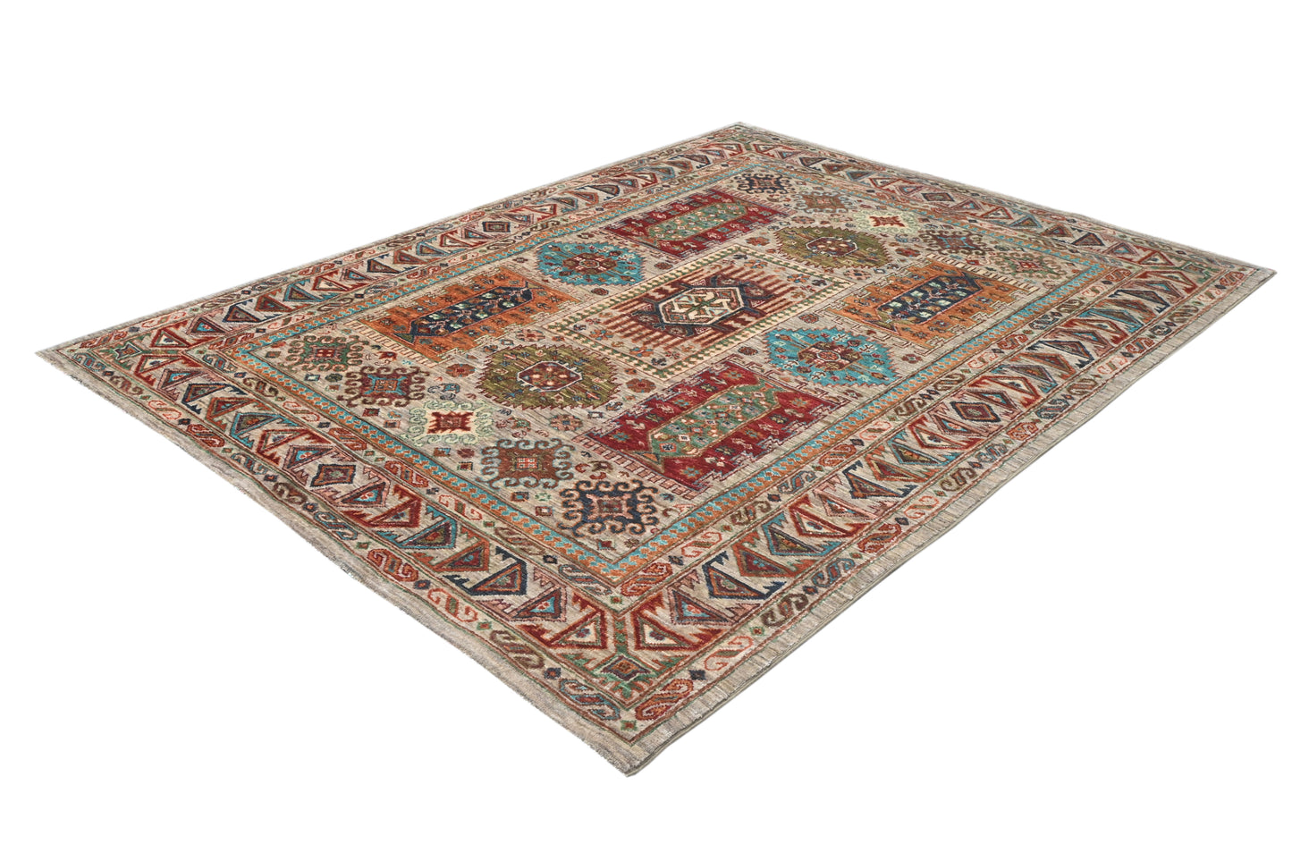 Decorative rug with intricate patterns on a white background