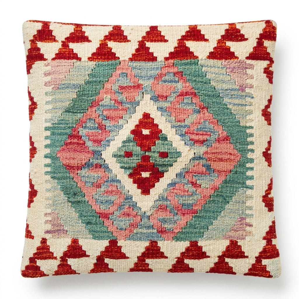 Kilim cushion with geometric pattern in red, pink, green, and cream colors, decorative throw pillow from eastofhere brand.