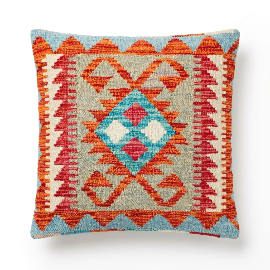 Kilim cushion with geometric pattern in orange, red, blue, and white, decorative throw pillow, eastofhere brand, square shape.