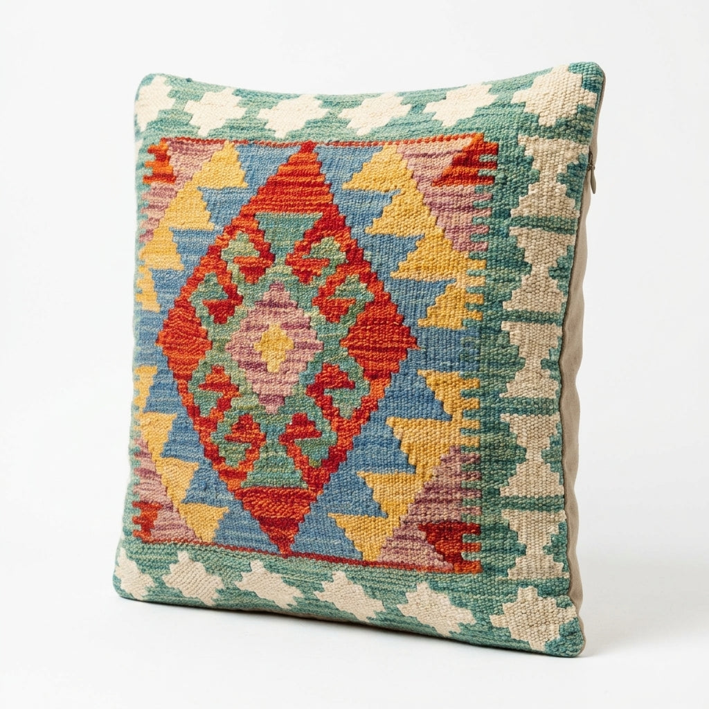 Colorful Kilim cushion by eastofhere featuring traditional woven geometric patterns and vibrant earthy tones.