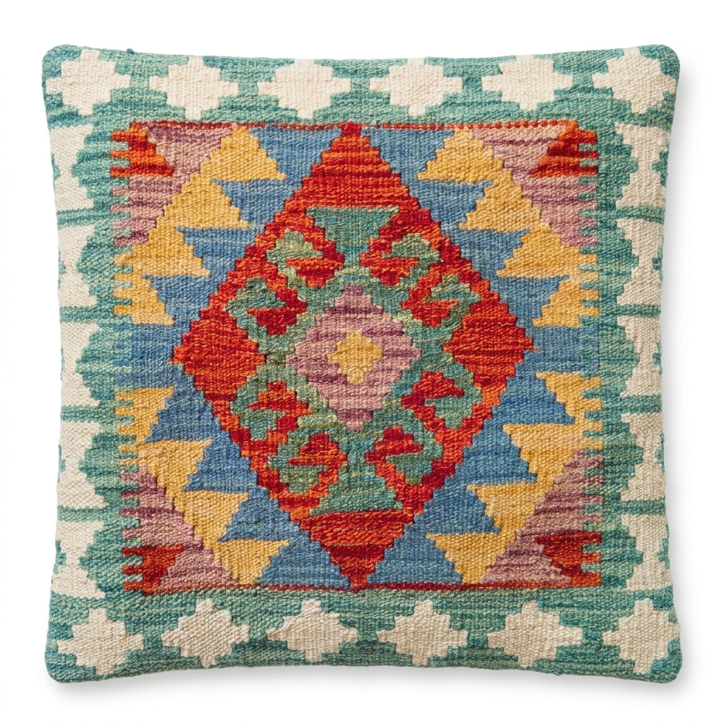 Kilim cushion with geometric pattern in red, yellow, blue, green, and beige, decorative throw pillow, eastofhere brand.