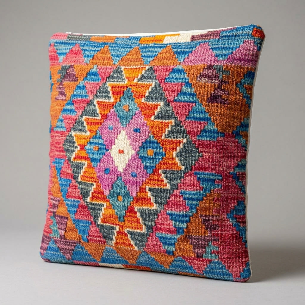 Colorful Kilim cushion by eastofhere with traditional geometric patterns, showcasing vibrant woven fabric and textured surface.
