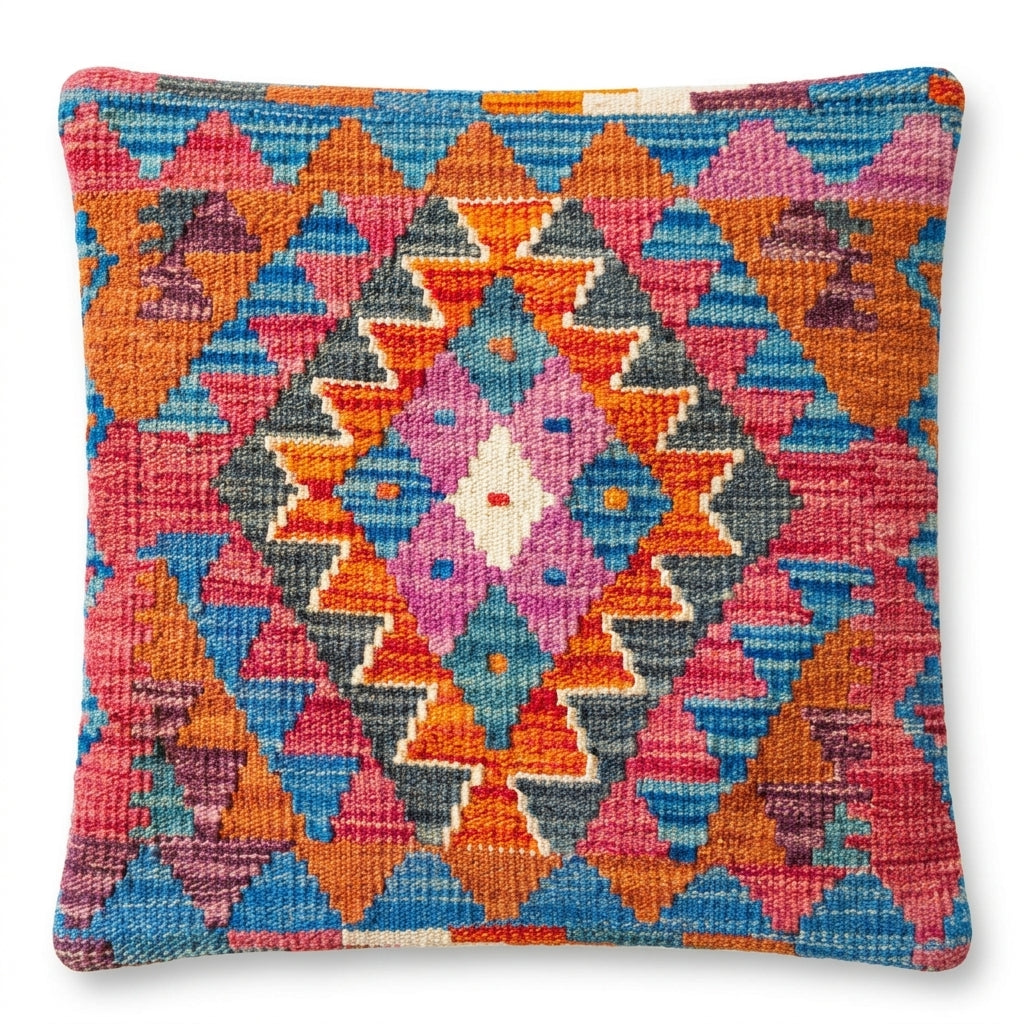 Kilim cushion with colorful geometric pattern in pink, orange, blue, purple, and black, square shape, textured fabric, by eastofhere.