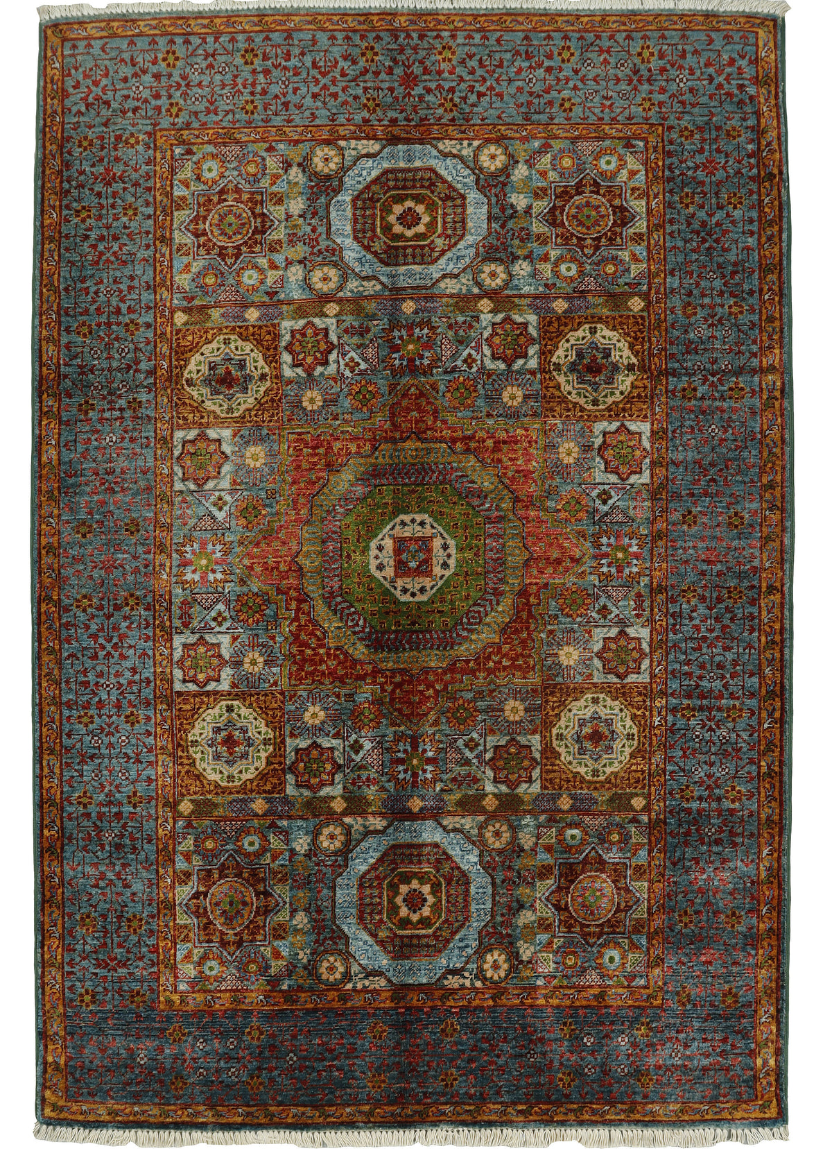 A traditional oriental-style area rug with a complex geometric medallion pattern in muted shades of blue, rust red, olive green, and beige.