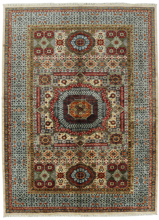 Afghan Mamluk rug in intricate geometric patterns, 238x177cm, from eastofhere, showcasing traditional craftsmanship and vibrant colors.