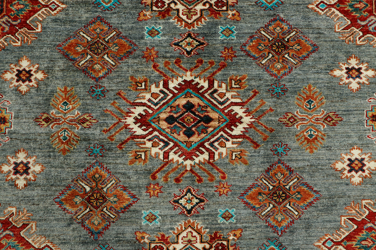 Afghan Kazak rug in vibrant geometric patterns, measuring 303x247cm, crafted by eastofhere with traditional wool and intricate design.