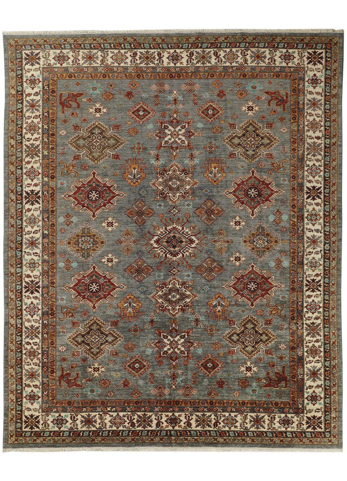 Afghan Kazak rug from eastofhere, 303 x 247cm, featuring traditional geometric patterns and vibrant earthy colors on woven wool.