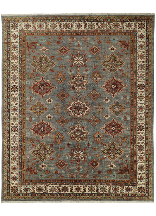 Afghan Kazak rug from eastofhere, 303 x 247cm, featuring traditional geometric patterns and vibrant earthy colors on woven wool.
