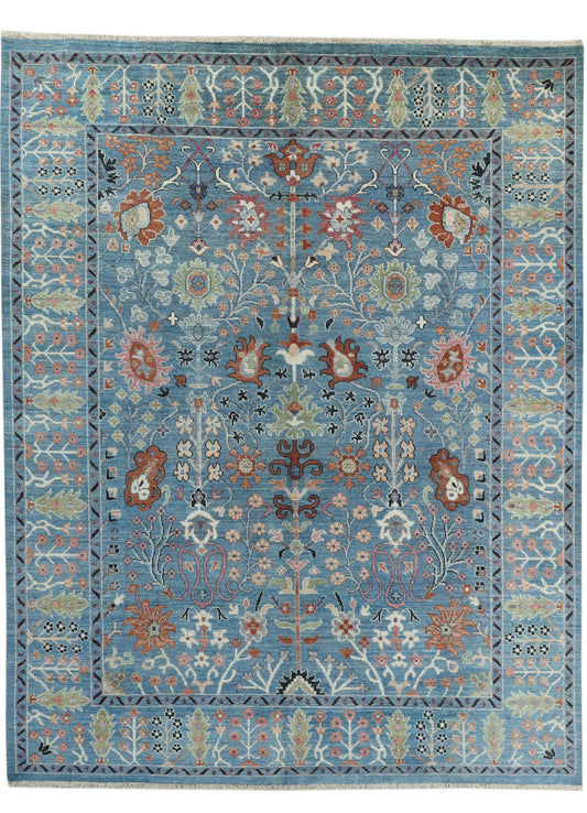 Afghan Oushak rug in intricate geometric pattern, large 354x277cm size, with warm earthy tones and detailed woven design.