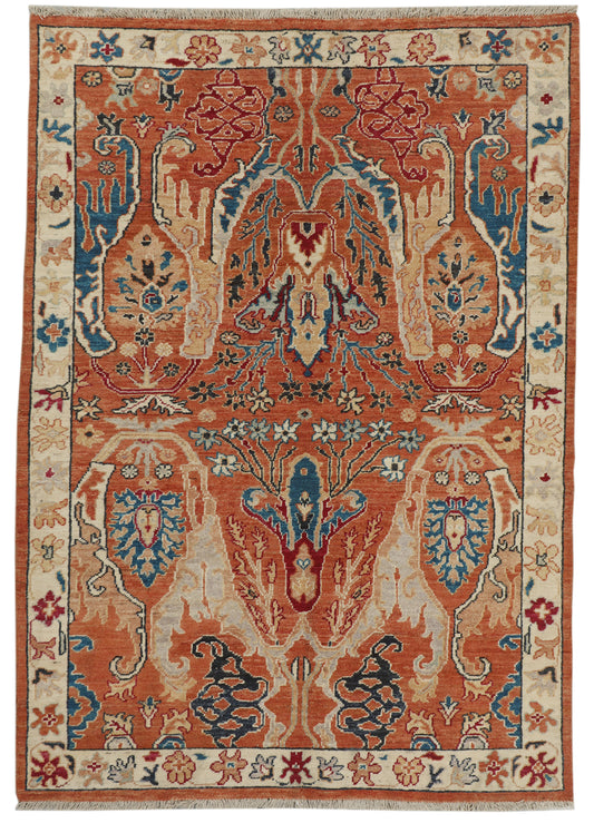 Afghan Oushak rug in beige and brown with intricate geometric patterns, measuring 212x152cm, from eastofhere.