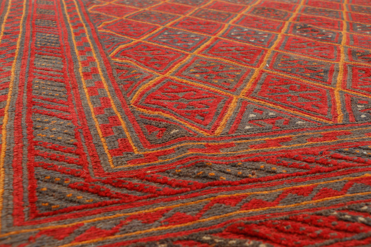 Afghan Meshwani rug by eastofhere showing intricate geometric patterns in neutral tones, measuring 267 by 200 cm.
