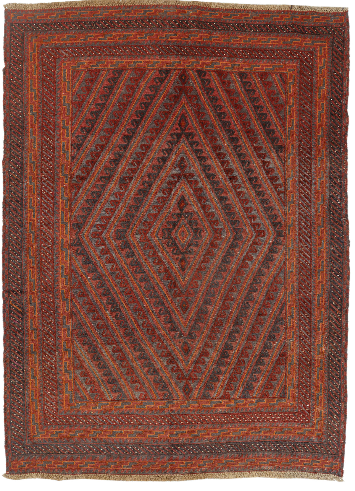 Afghan Meshwani rug in intricate geometric patterns, measuring 192x137cm, by eastofhere, showcasing traditional craftsmanship and vibrant colors.