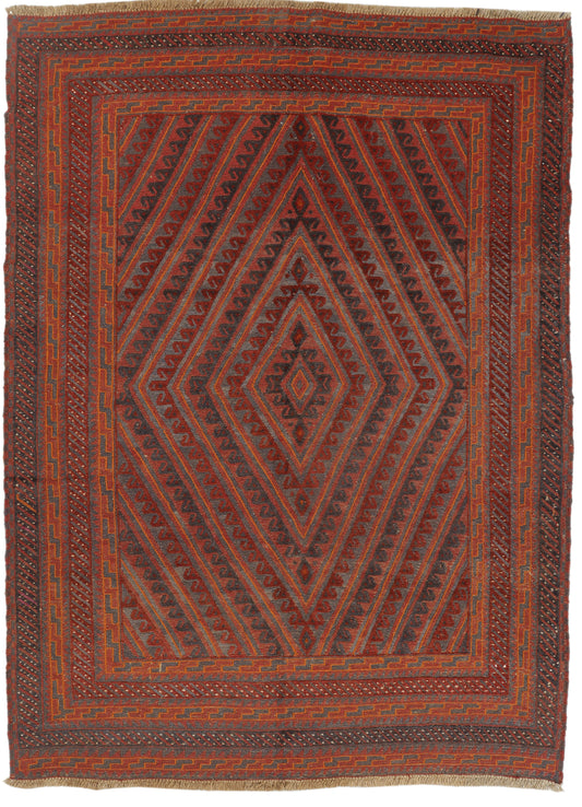 Afghan Meshwani rug in intricate geometric patterns, measuring 192x137cm, by eastofhere, showcasing traditional craftsmanship and vibrant colors.