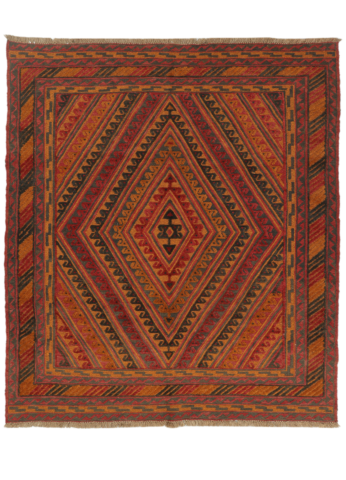 Afghan Meshwani rug with intricate patterns in earthy tones, measuring 174x150cm, from eastofhere.