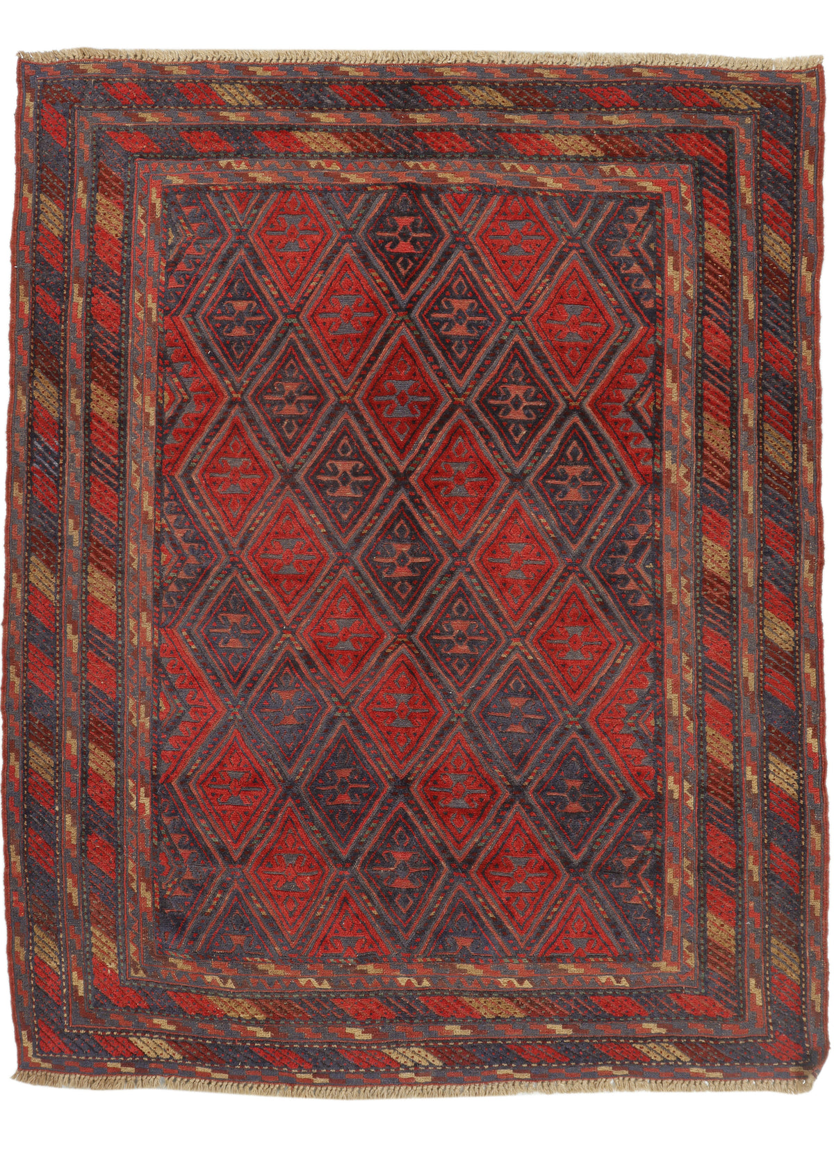 Afghan Meshwani rug in geometric patterns, measuring 183x147cm, by eastofhere, showcasing intricate traditional textile design.