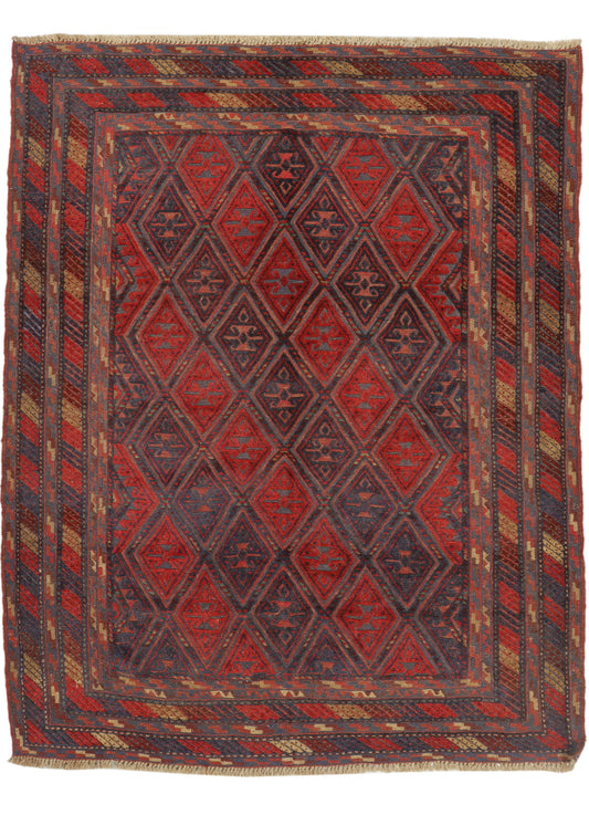 Afghan Meshwani rug in geometric patterns, measuring 183x147cm, by eastofhere, showcasing intricate traditional textile design.