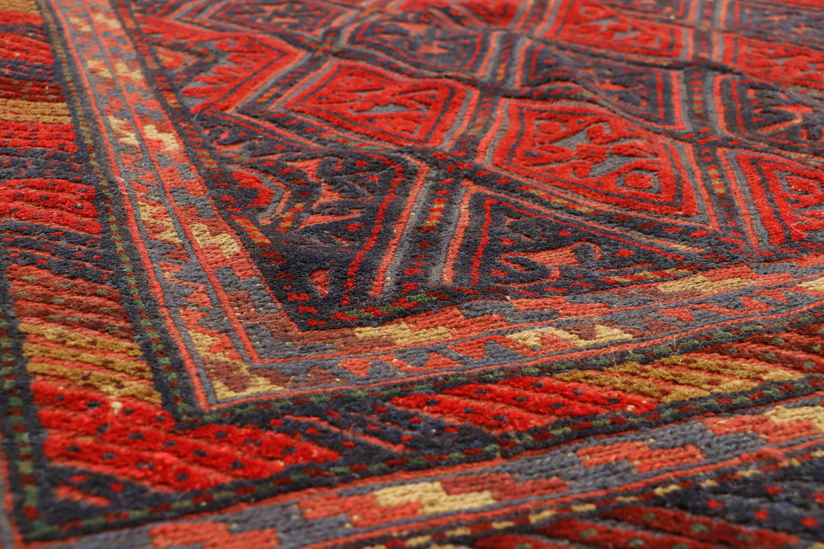 Afghan Meshwani rug in beige and brown with intricate geometric patterns, measuring 183x147cm, by eastofhere.