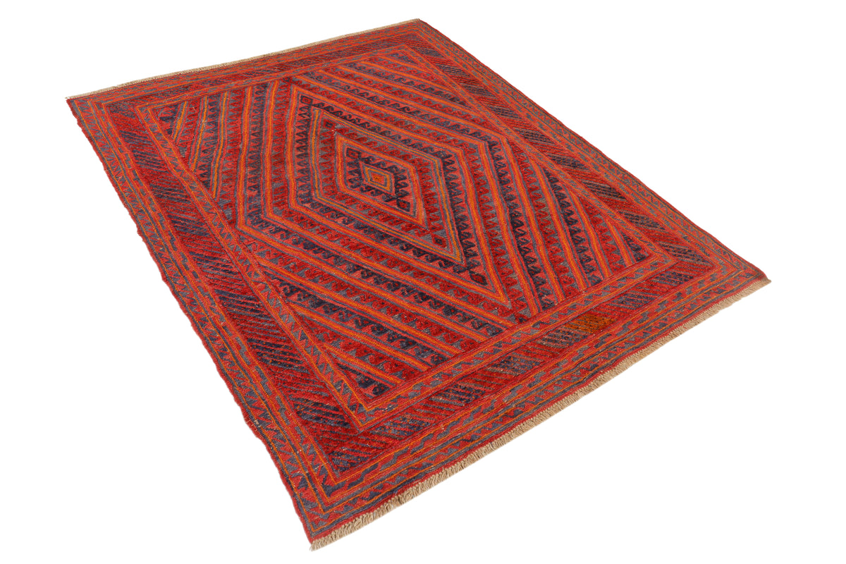 Afghan Meshwani rug in geometric patterns, measuring 183x147cm, by eastofhere, featuring traditional woven design and vibrant colors.