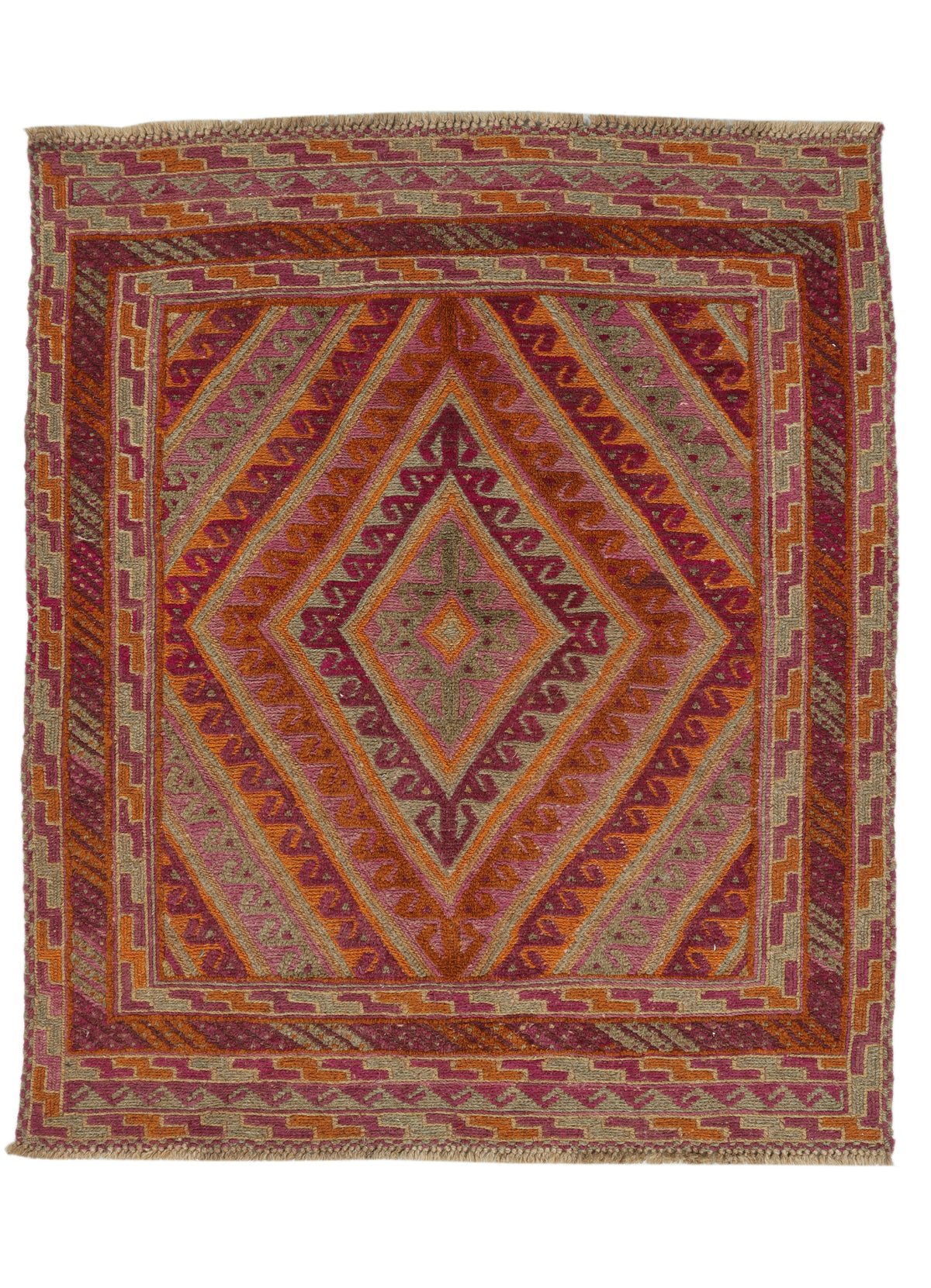 Afghan Meshwani rug in 122x105cm with intricate geometric patterns, crafted by eastofhere, showcasing traditional textile design.