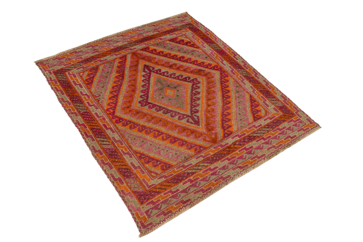 Afghan Meshwani rug by eastofhere, 122x105cm, featuring intricate traditional patterns in vibrant colors on woven fabric.