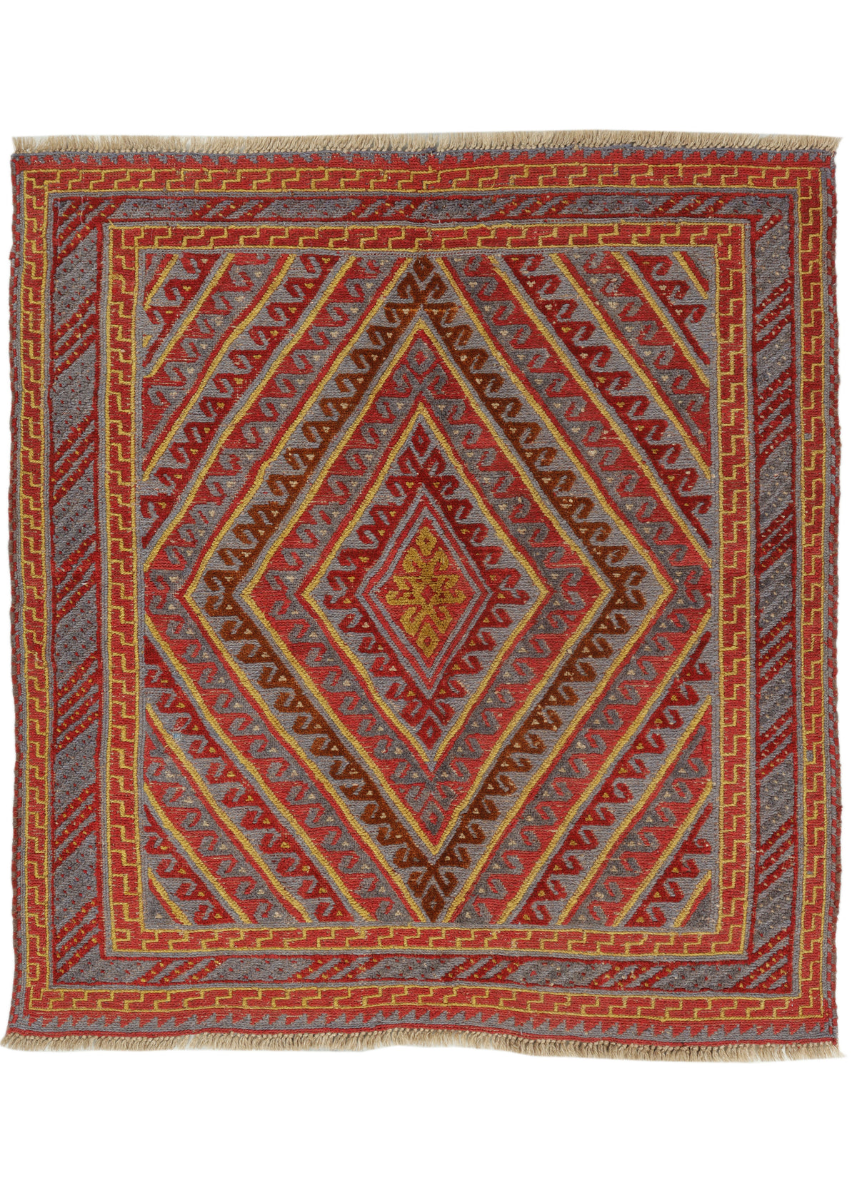 Afghan Meshwani rug by eastofhere, 125x118cm, featuring traditional geometric patterns and vibrant colors in woven textile.