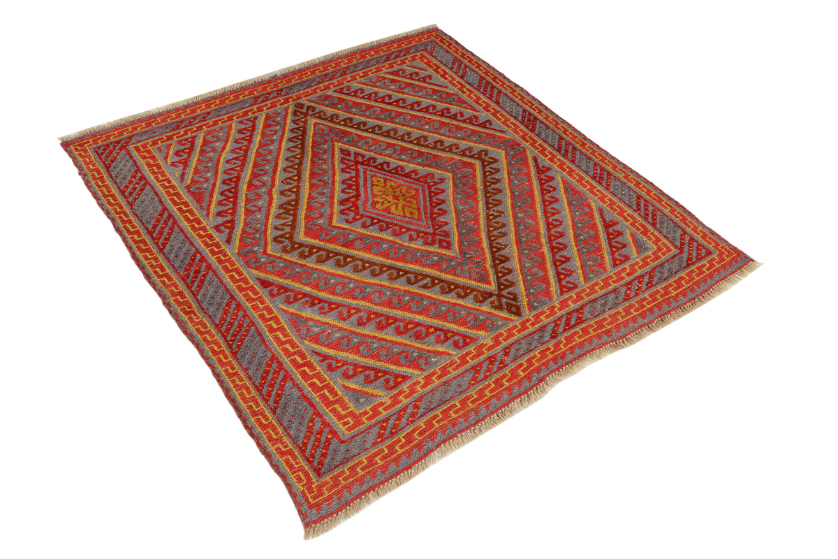 Afghan Meshwani rug with intricate patterns, measuring 125 x 118cm, crafted by eastofhere, featuring traditional woven design.