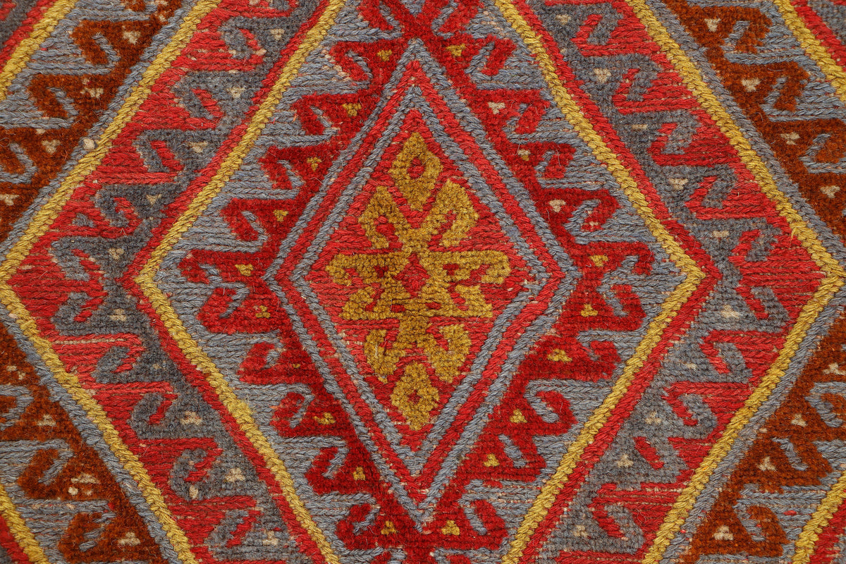 Afghan Meshwani rug with intricate geometric patterns, measuring 125x118cm, in earthy tones, from eastofhere.