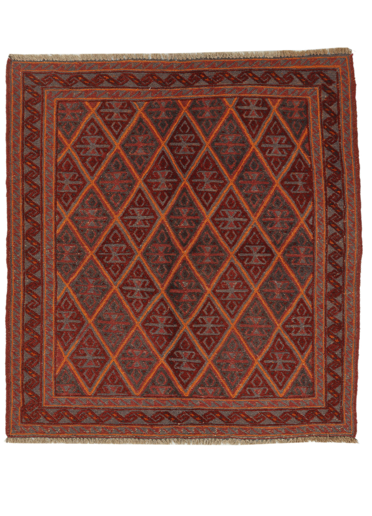 Afghan Meshwani rug with intricate patterns in earthy tones, measuring 122x113cm, by eastofhere.
