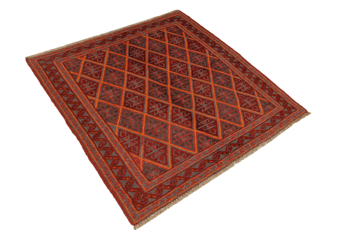 Afghan Meshwani rug by eastofhere, 122x113cm, featuring traditional geometric patterns in vibrant colors.