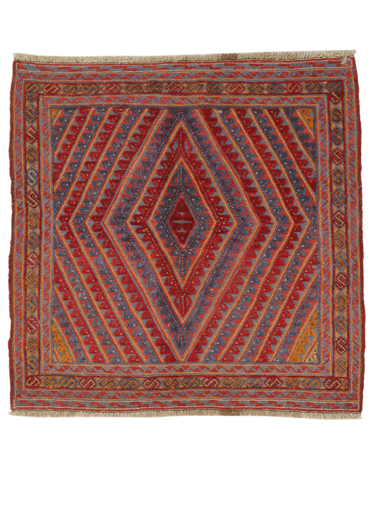 Afghan Meshwani rug by eastofhere, 114x113cm with intricate traditional patterns and vibrant colors, suitable for home decor.