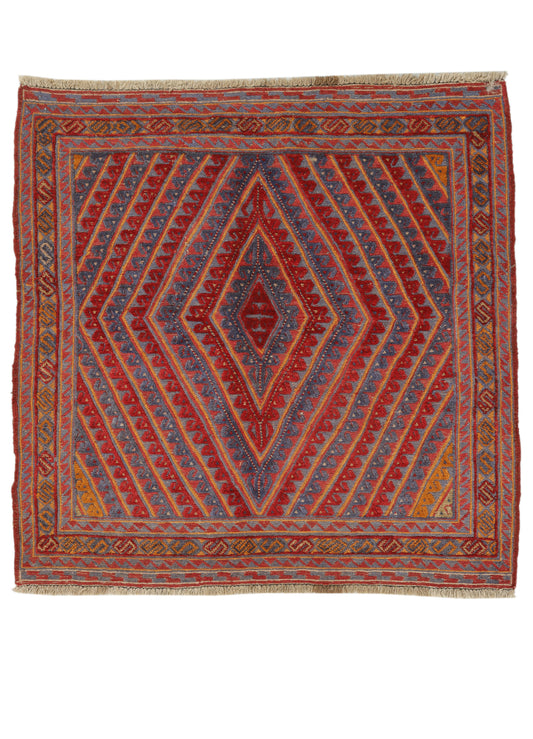 Afghan Meshwani rug by eastofhere, 114x113cm with intricate traditional patterns and vibrant colors, suitable for home decor.