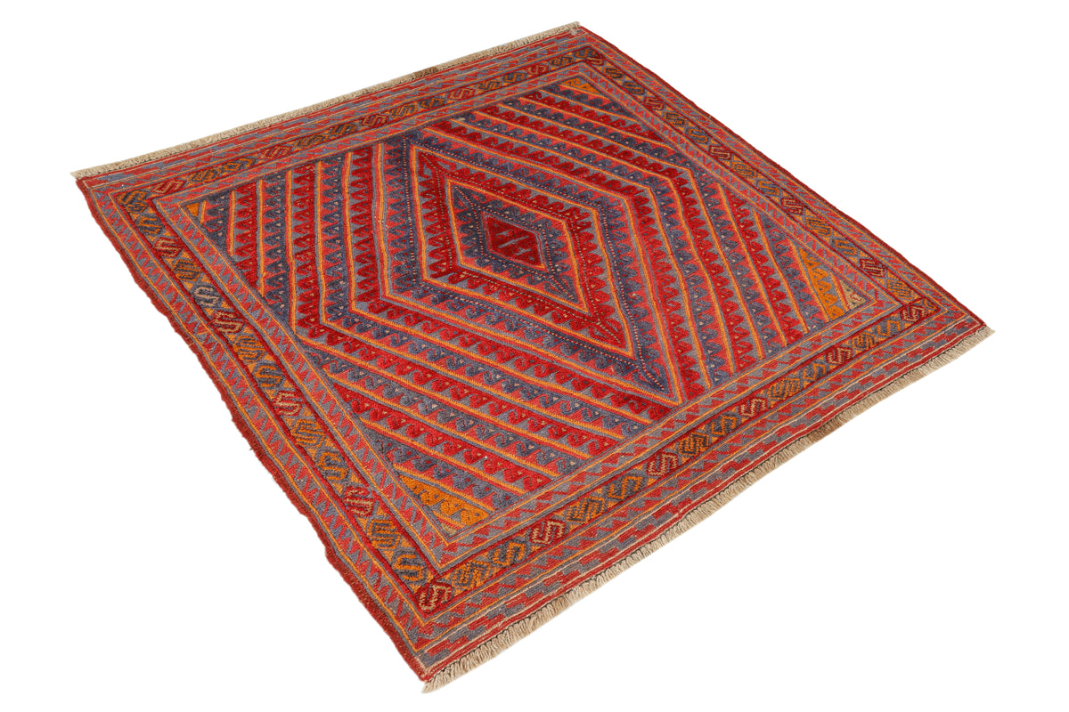 Afghan Meshwani rug by eastofhere, 114x113cm, featuring intricate traditional woven patterns and vibrant colors.