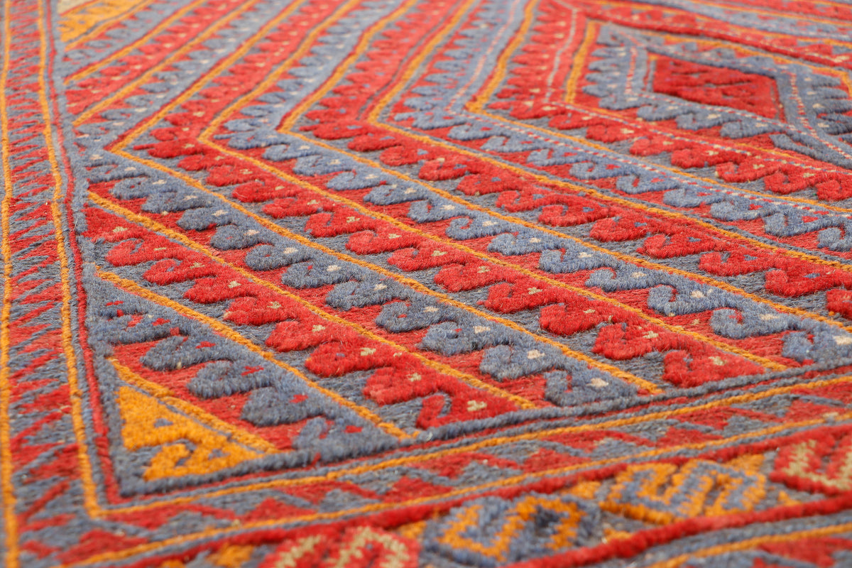 Afghan Meshwani rug by eastofhere, 114x113cm, showcasing intricate traditional design with vibrant colors and detailed woven patterns.