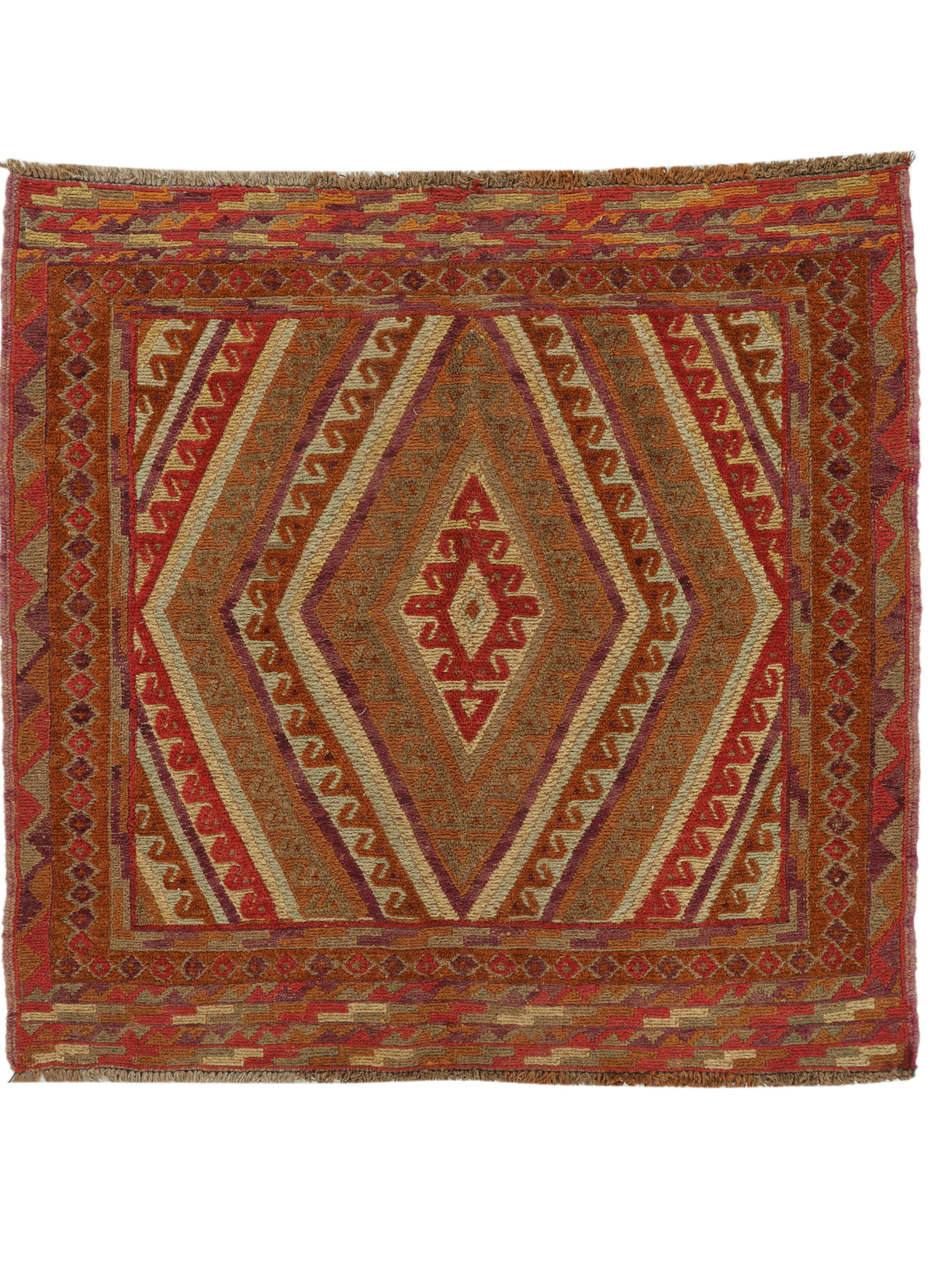 Afghan Meshwani rug with intricate patterns in earthy tones, measuring 119x118cm, from EastofHere.