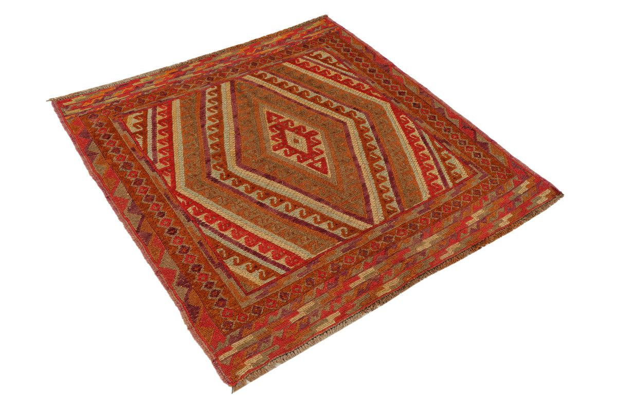 Afghan Meshwani rug in 119x118cm with intricate geometric patterns, crafted by Eastofhere, showcasing traditional textile design.