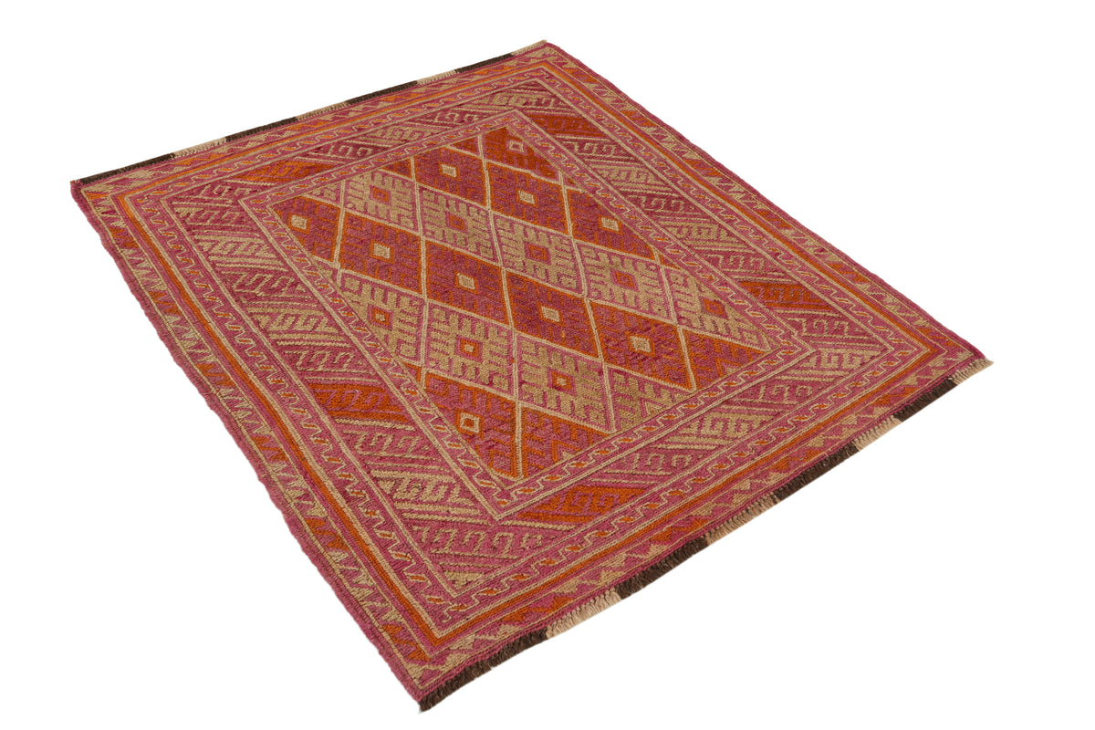 Afghan Meshwani rug by eastofhere, 121x114cm, featuring traditional woven patterns and vibrant colors in a detailed rug image.