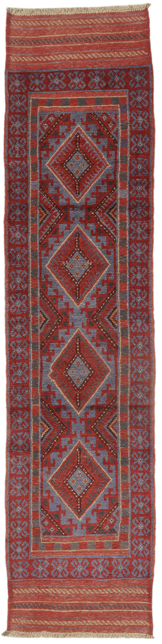 Afghan Meshwani runner rug by eastofhere, 247x56cm, featuring traditional geometric patterns in earthy tones on a woven surface.
