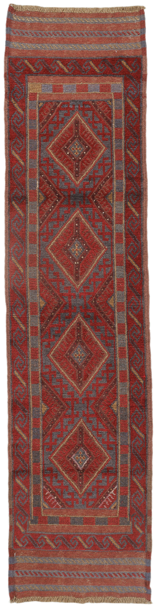 Afghan Meshwani runner rug by eastofhere, 242x58cm with intricate woven patterns in vibrant colors on a textured surface.